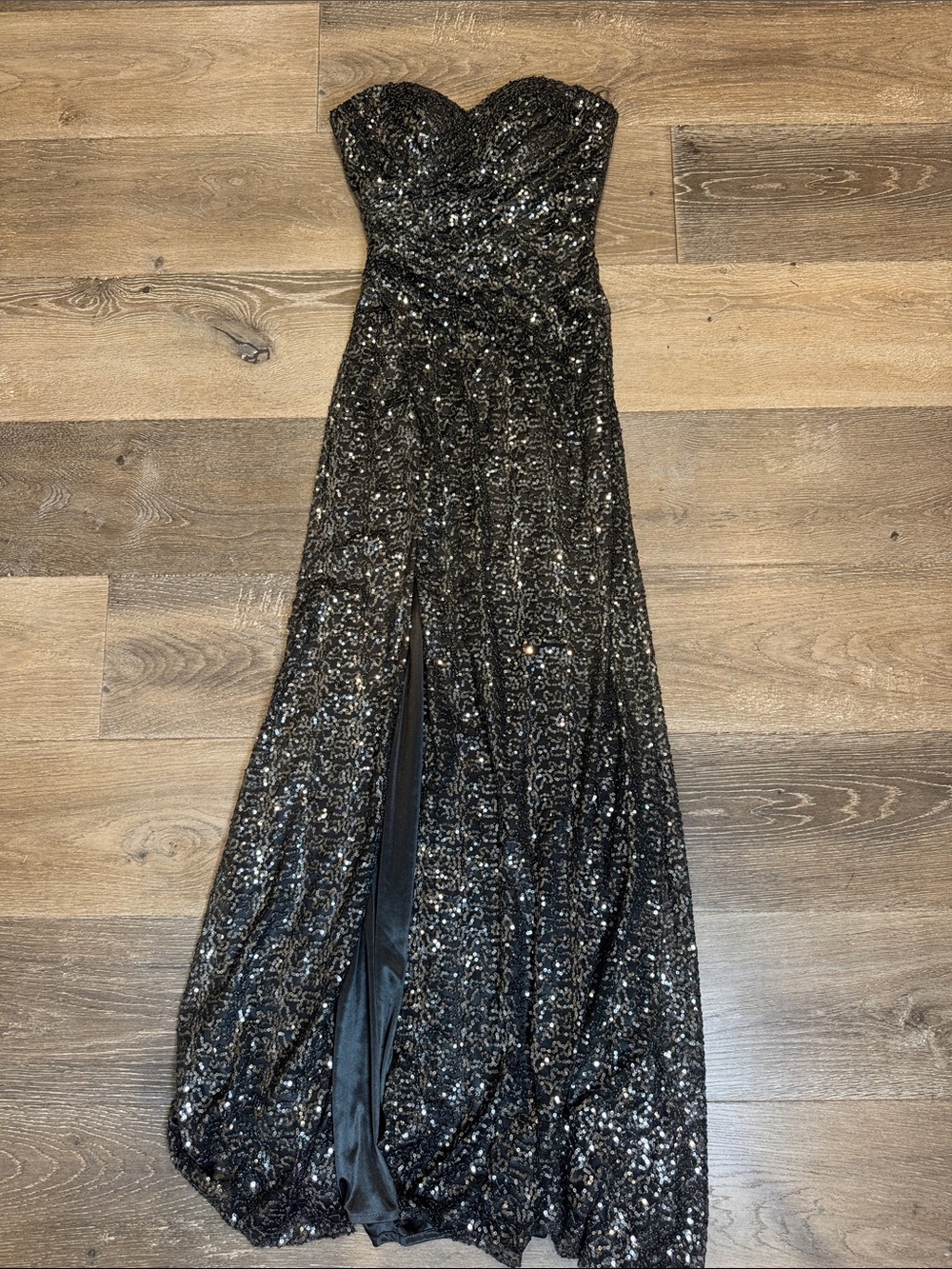 Royal Queen Strapless Black Sequin Evening Gown RG